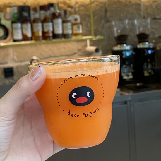 Homemade retro cartoon coconut tree glass  simple vintage style juice cup  cute cold drink cup  double layered cup.