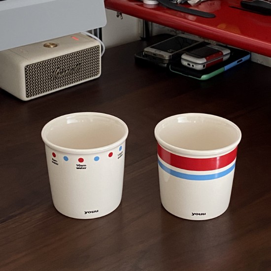 Cute striped blue gaming KT coffee cup  homemade simple cartoon hand painted ceramic flip top mug