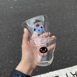 Homemade retro cartoon coconut tree glass  simple vintage style juice cup  cute cold drink cup  double layered cup.