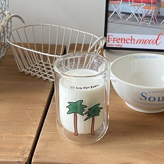 Rustic French floral water cup  refreshing ice blue willow leaf glass  heat resistant juice and milk cup